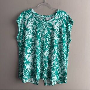 Nicole Miller 100% Linen Green White Tropical Floral Button Back Shirt Womens XL